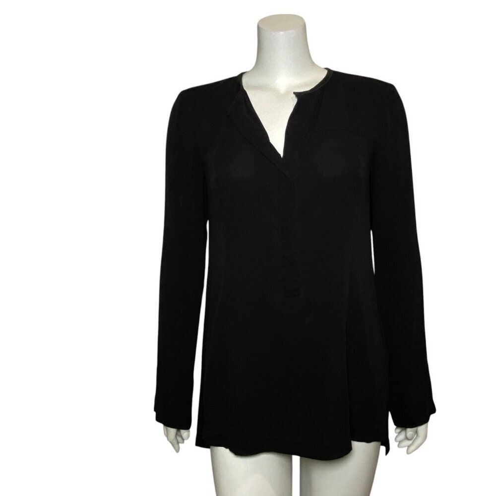 Donna Karen Silk Shirt Blouse Womens Size 10 Long Sleeve V Neck Snap Up Black